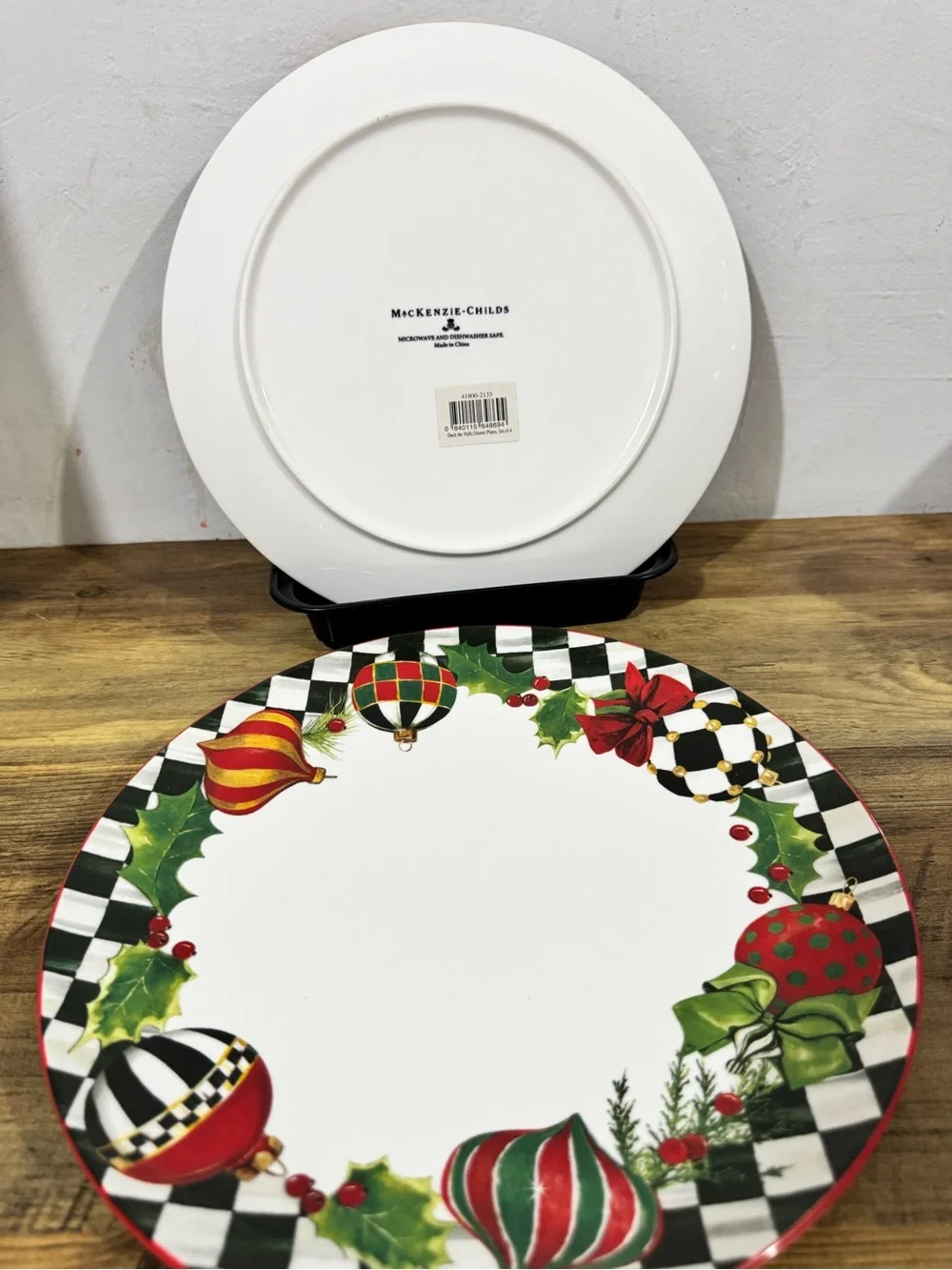 Festive Holiday Ornament Dinner Plates - Red, Green, Black 2 large plates
